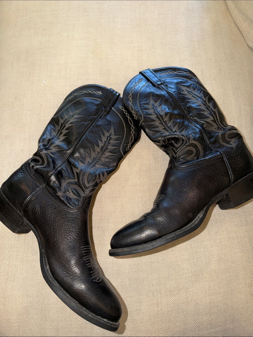 Tony Lama Black Leather Western Cowboy Boots with Embroidery